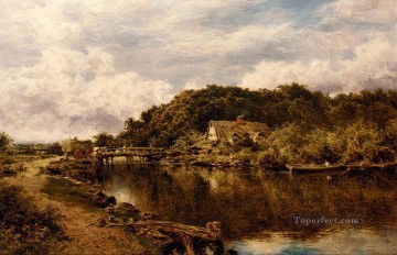 Lake Pond Waterfall Painting - On The Stour Near Flatford Mill Suffolk landscape Benjamin Williams Leader
